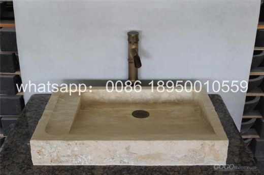 beige travetine rectangle vessel sinks stone wash basin