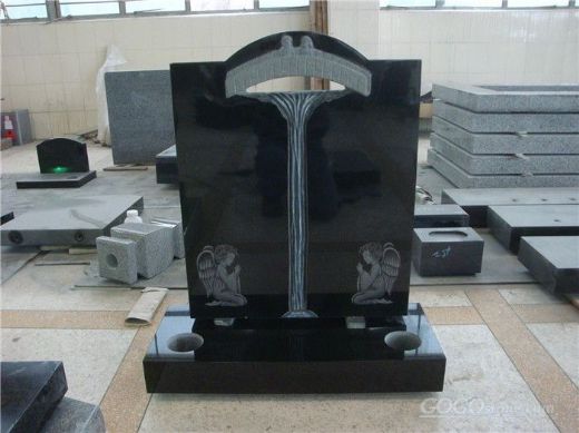 Black traditional granite headstone with base