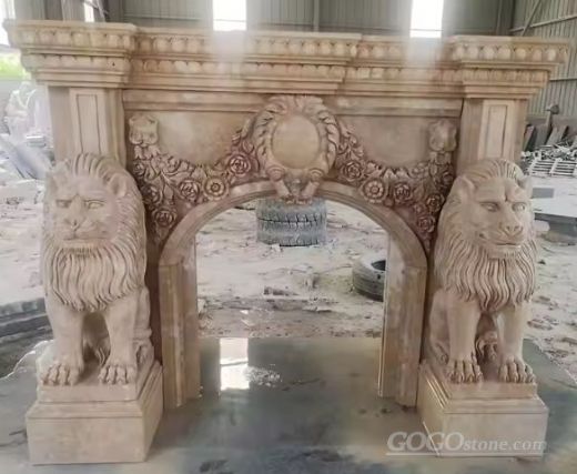 Yellow Marble Lion Head Statue Fireplace Mantel