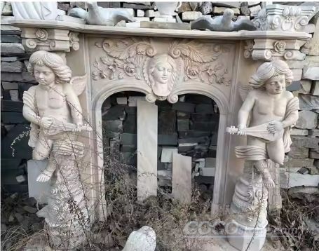 Hand Carved Beige Travertine Marble Carving Fireplace With Statue