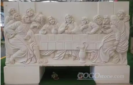 Beige Marble Stone Hand Carving Wall Statue Religious Relief Sculpture