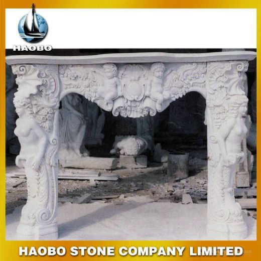 Elegant White Jade Marble Fireplace with Angel Carving