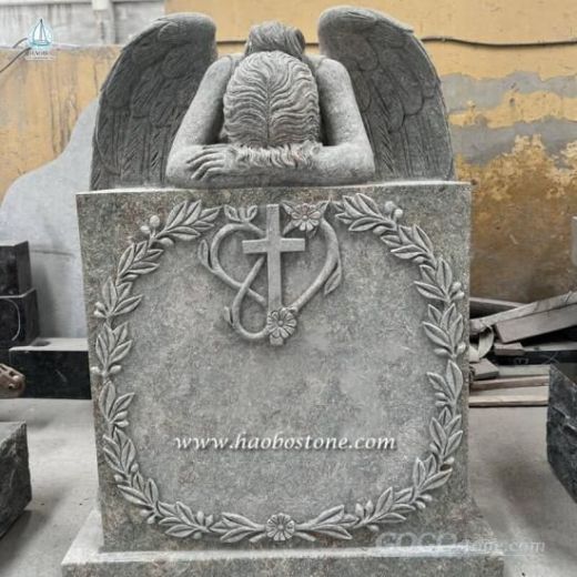 Grey Granite Sleeping Angel Headstone with Floral Carved