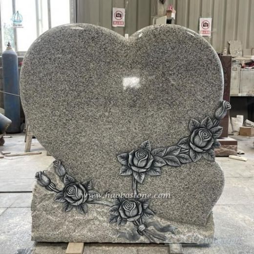 Grey Granite Heart Shaped Upright Headstone With Antique Floral Carving