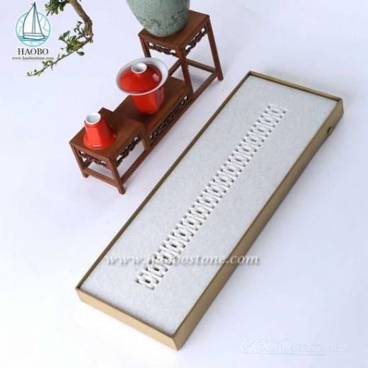 White Marble China Design Stone Carving Rectangular Tea Tray
