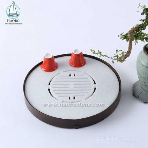 White Marble Round Shaped Carved Stone Tea Tray