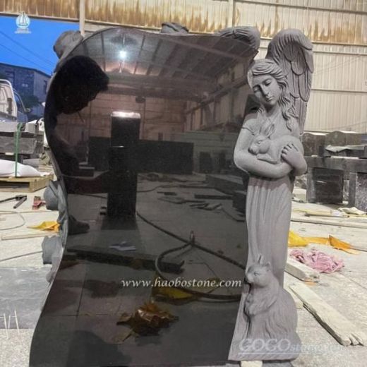 Black Granite Angel Headstone With Floral Carved