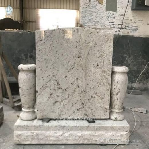 Kashimir White Marble Upright Simper Shaped With Symmetrical Vases Memorial Headstone