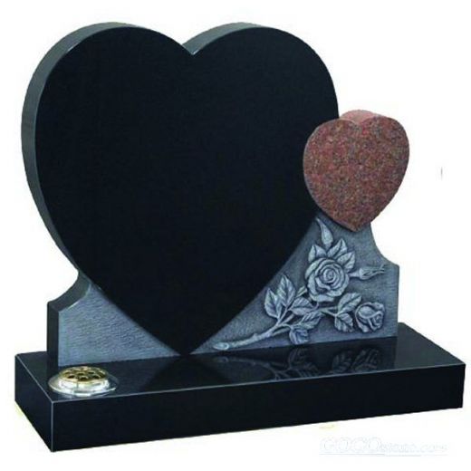 Black granite heart shaped headstone with rose carvings