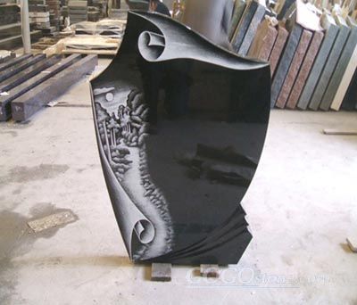 High polished black granite headstone with etching