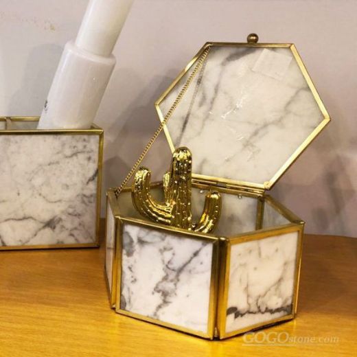 Hexagon marble box gold inlay jewelry storage